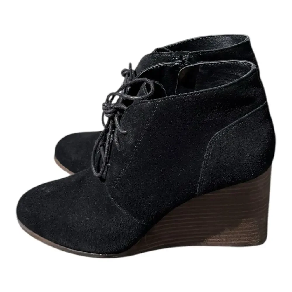 Lucky Brand Shylow Black Wedge Booties Size 10M Laces Zipper Leather Shoes Suede